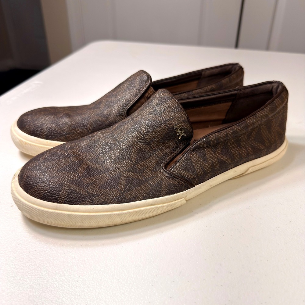 Michael Kors Keaton Slip On Sneakers Brown Monogram Logo Loafers Size 9M - Picture 5 of 10